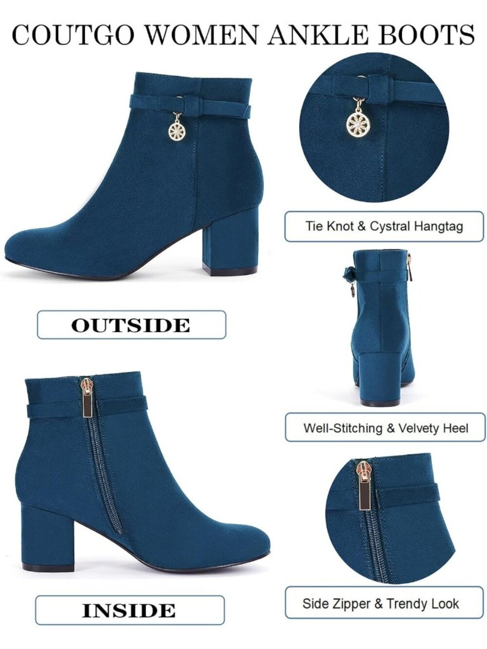 Women's Navy Suede Chunky Block Low Heel Vintage Tie Knot Side Zip Ankle Bootie - Picture 4 of 4